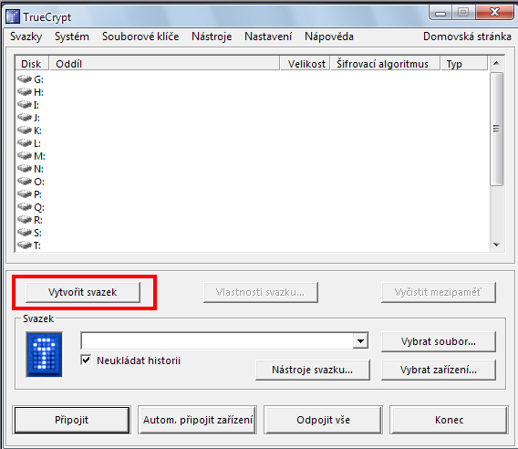Hlavní okno programu TrueCrypt