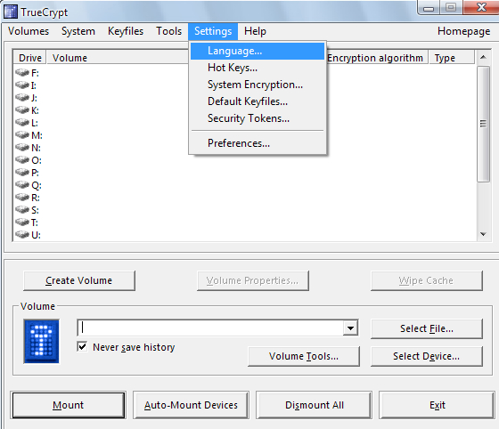 Výběr jazyka TrueCrypt