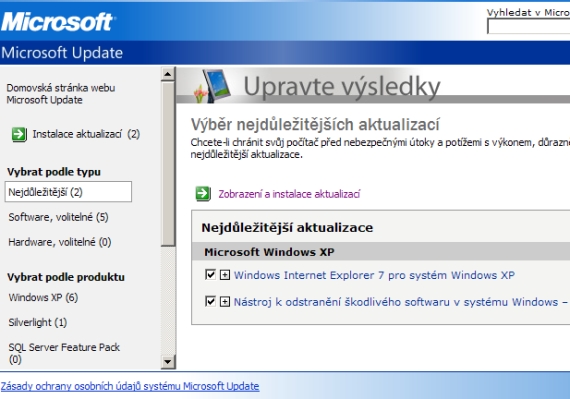 Windows XP SP3 - aktualizace